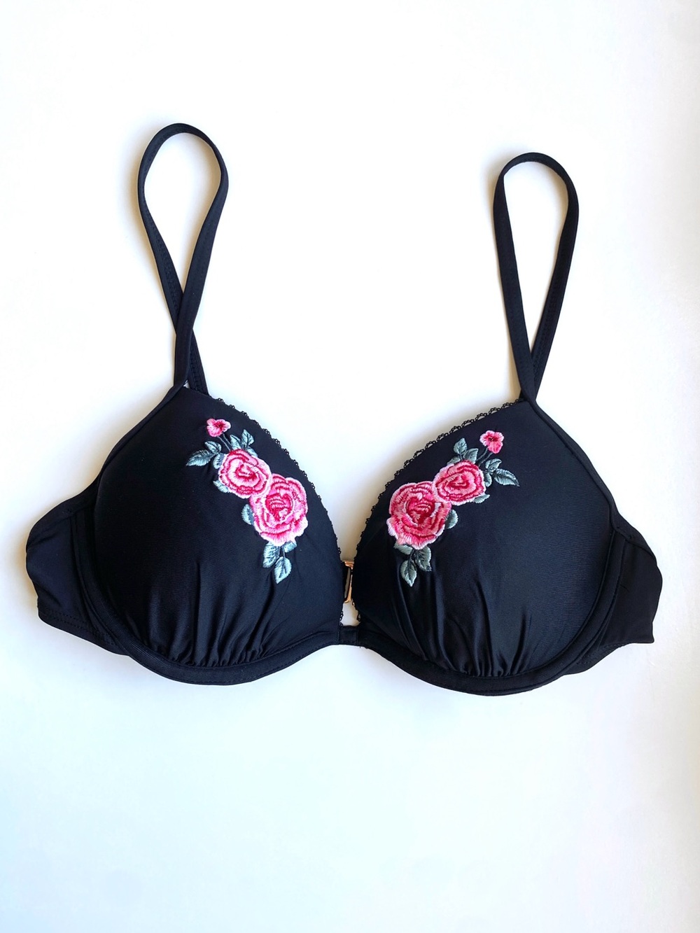 Design Lab Lord & Taylor Black Push-Up Bikini Top Pink Rose Embroidery Size M